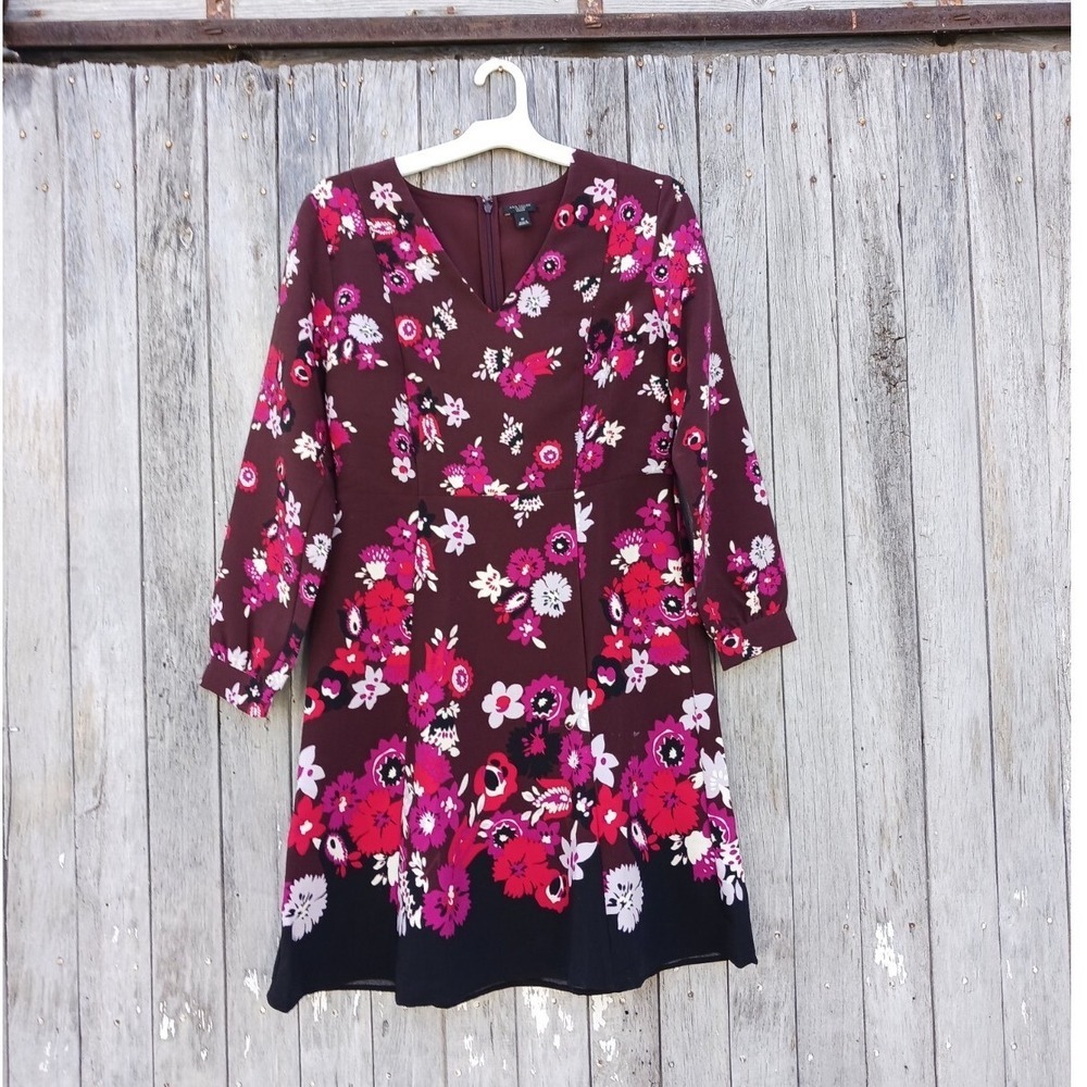 Ann Taylor Factory Floral Dress Women 10P Burgundy Long Sleeve V-Neck Petite